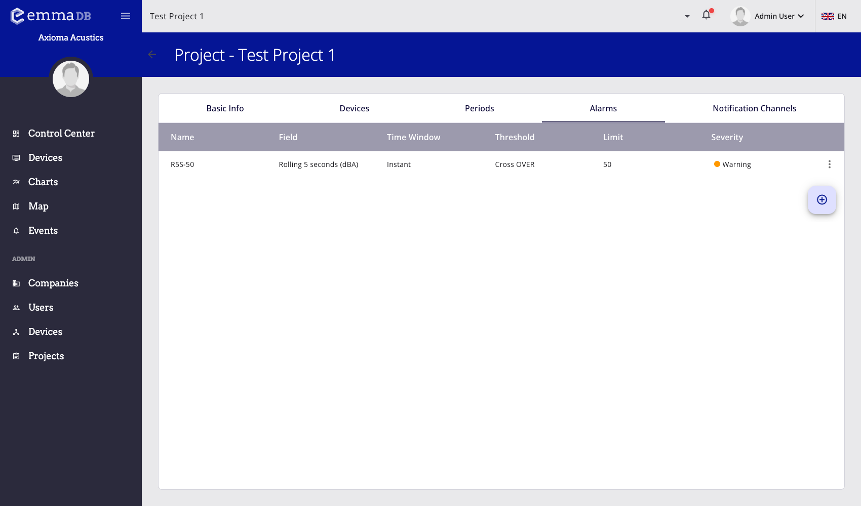 Captura de la pestanya d'alarmes del projecte