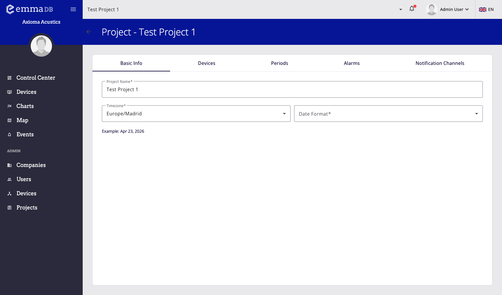 Captura d'informació bàsica del projecte en administració